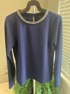Ann Taylor Navy Long-Sleeve Jewel Neck Top